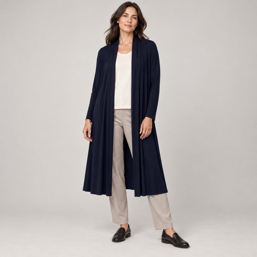 Eileen Fisher Size XS Black Viscose Jersey Knit Open Front Maxi Duster Cardigan